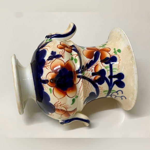 c. 1830 Vtg Gaudy Welsh Pansy Pattern Hand Painted Snake Head Handled Vase - Picture 12 of 16